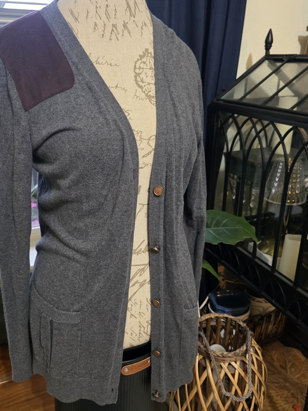 Ralph Lauren Gray Cardigan with Dark Brown Faux Suede Detail